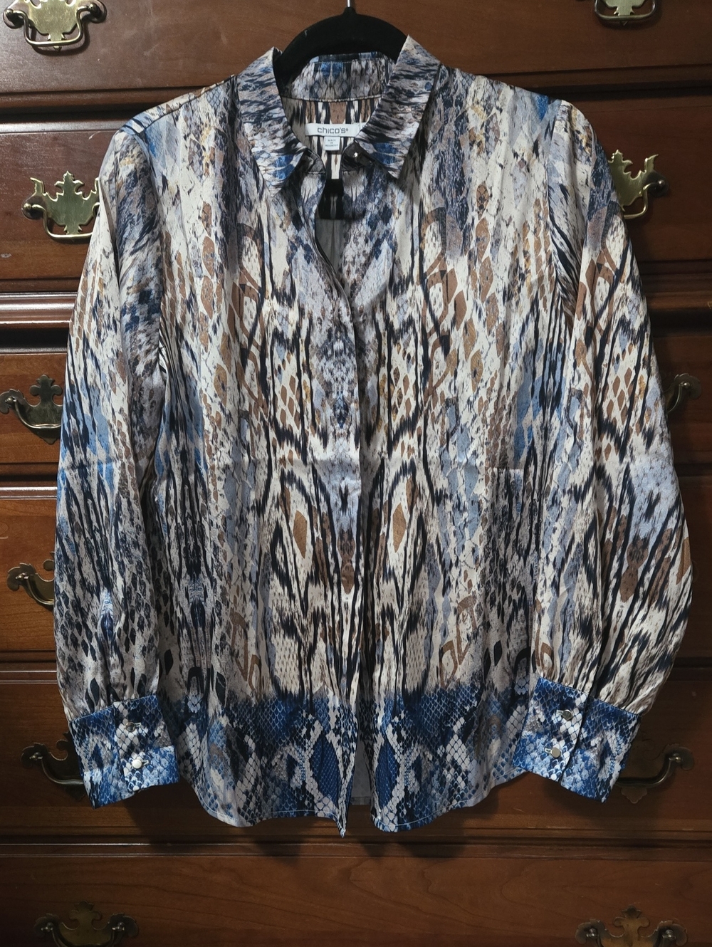 Chico's Blue and Brown Snake-Print Button-Down Blouse Small